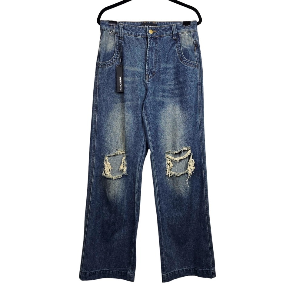 Fashion Nova Womens Blue Drew Drop Waist Distressed Baggy Denim Jeans Size 9 NWT